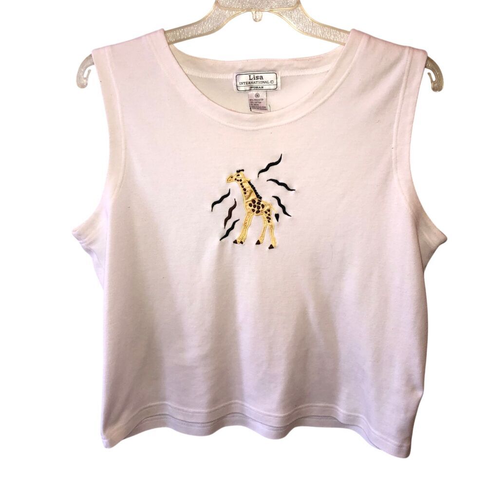 Lisa Womens Size 1X White Giraffe Cropped Tank Top Sleeveless Casual Shirt Tee